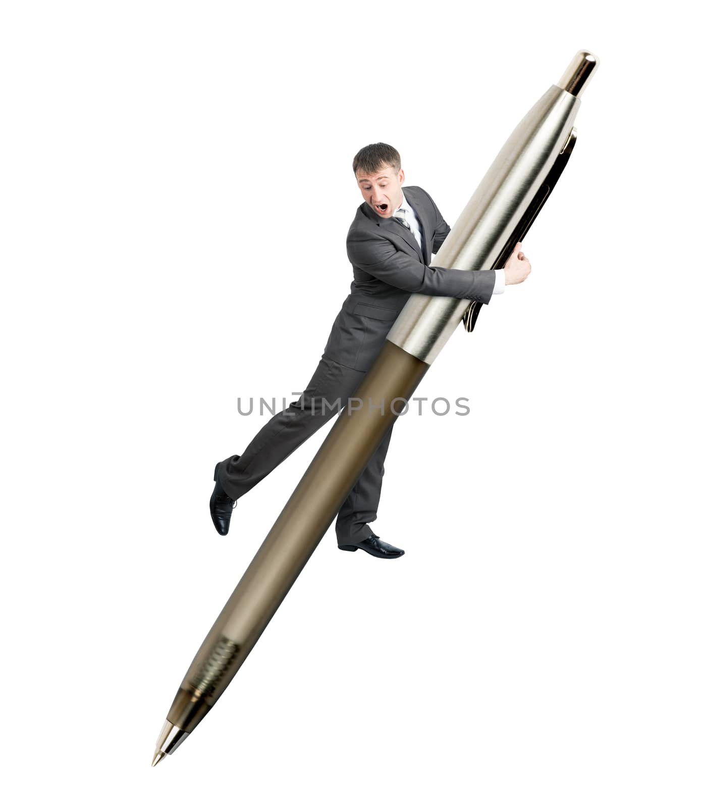 Businessman flying on big pen isolated on white background