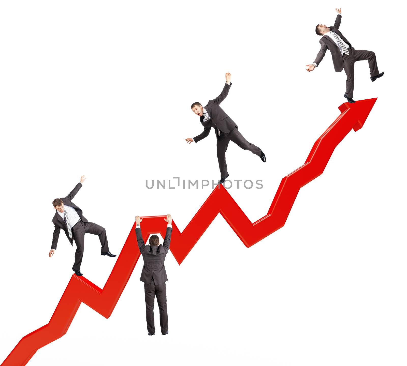 Set of businessmen falling from arrow isolated on white background