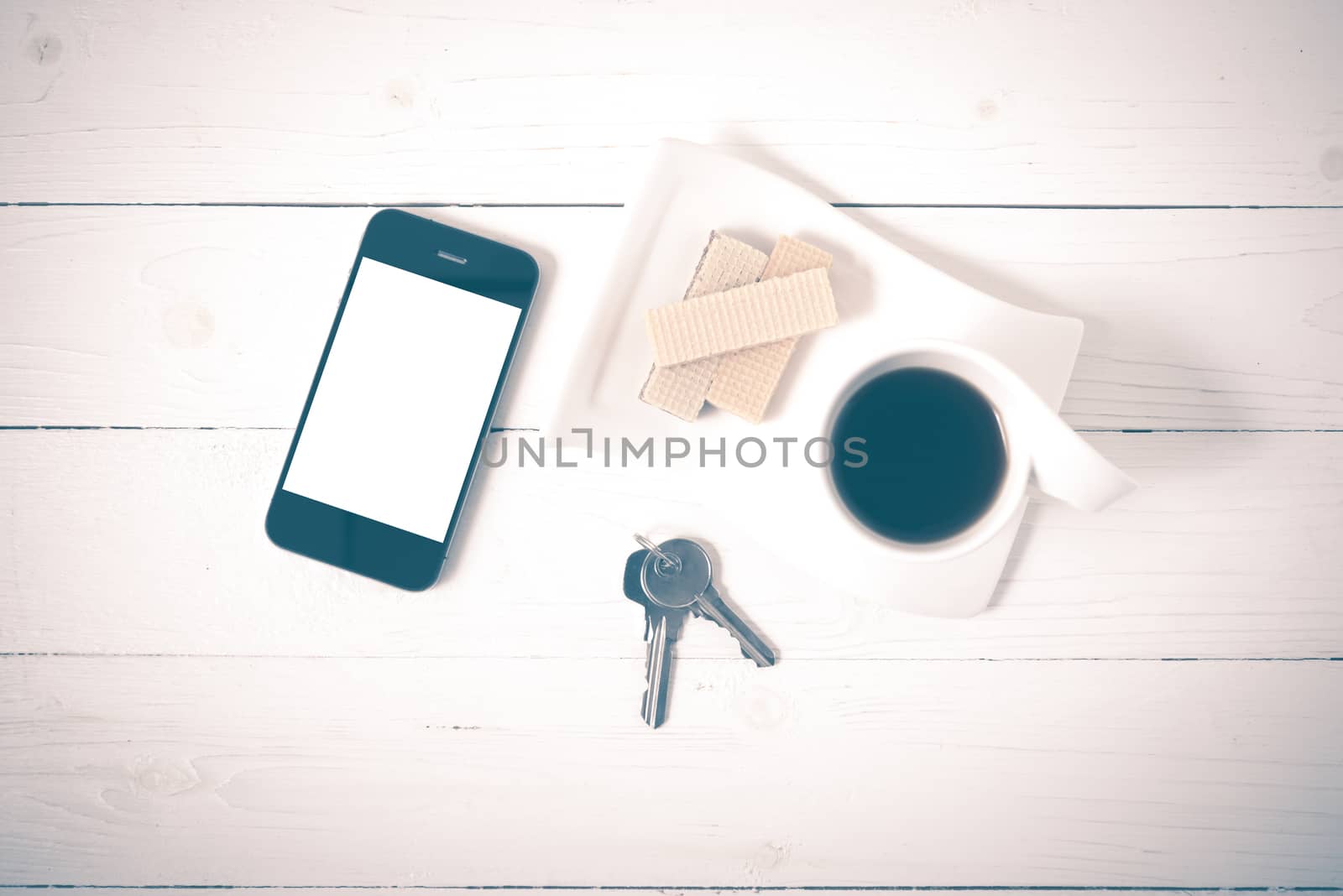 coffee cup with wafer,phone,key vintage style by ammza12
