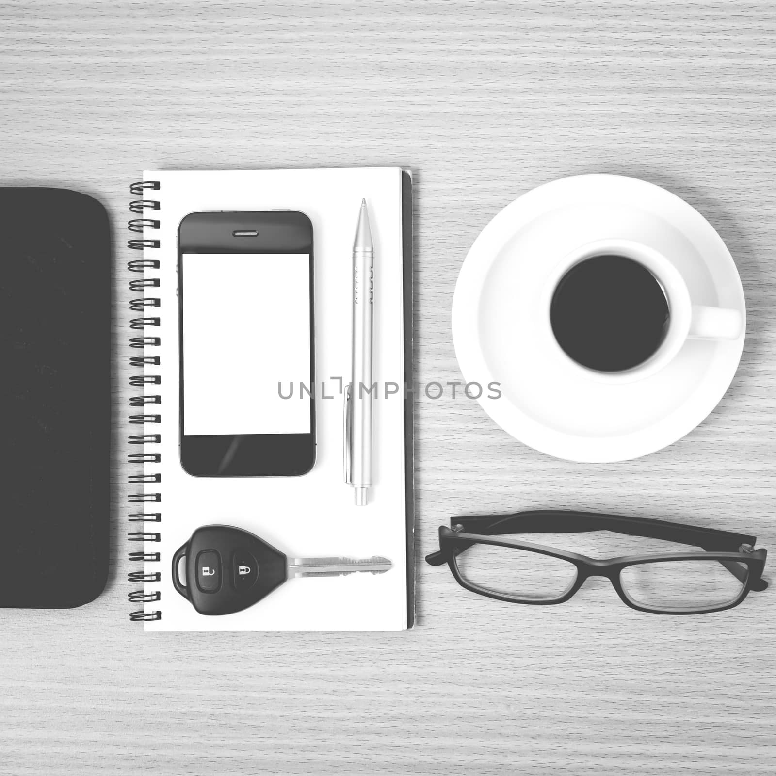 coffee and phone with notepad,car key,eyeglasses and wallet blac by ammza12
