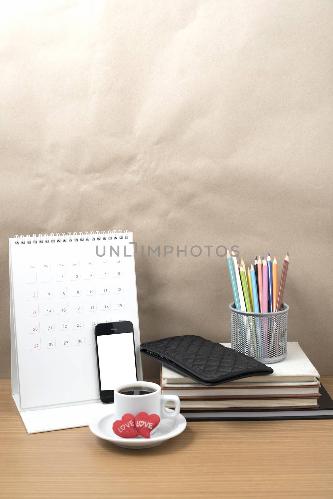 office desk : coffee with phone,wallet,calendar,heart,color penc by ammza12