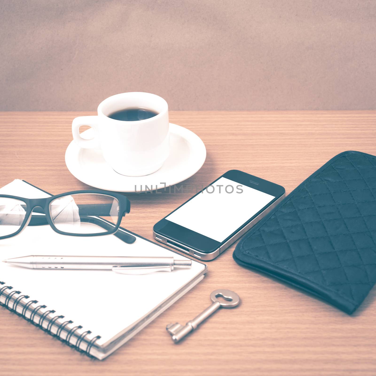 coffee and phone with notepad,key,eyeglasses and wallet vintage  by ammza12