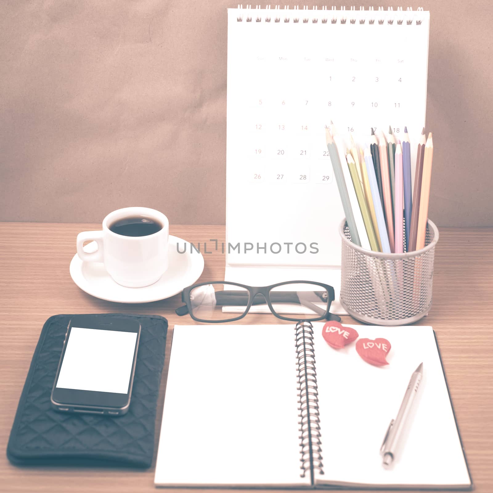 office desk : coffee with phone,wallet,calendar,color pencil box by ammza12