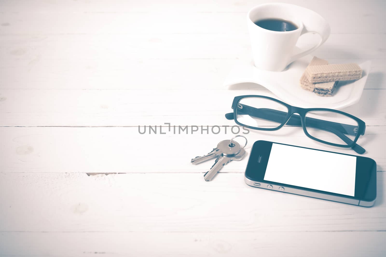 coffee cup with wafer,phone,key,eyeglasses vintage style by ammza12