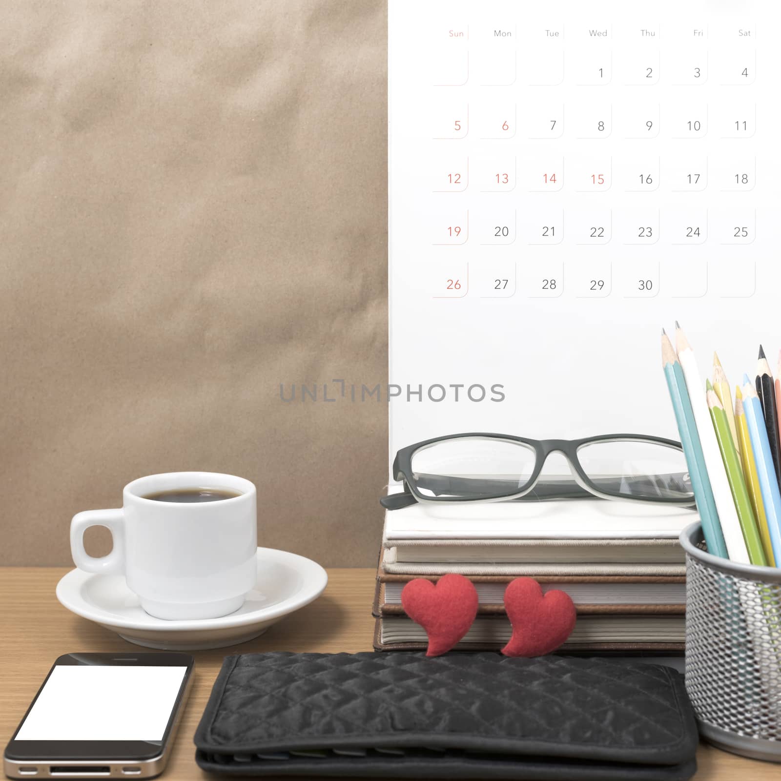 office desk : coffee with phone,wallet,calendar,color pencil box by ammza12