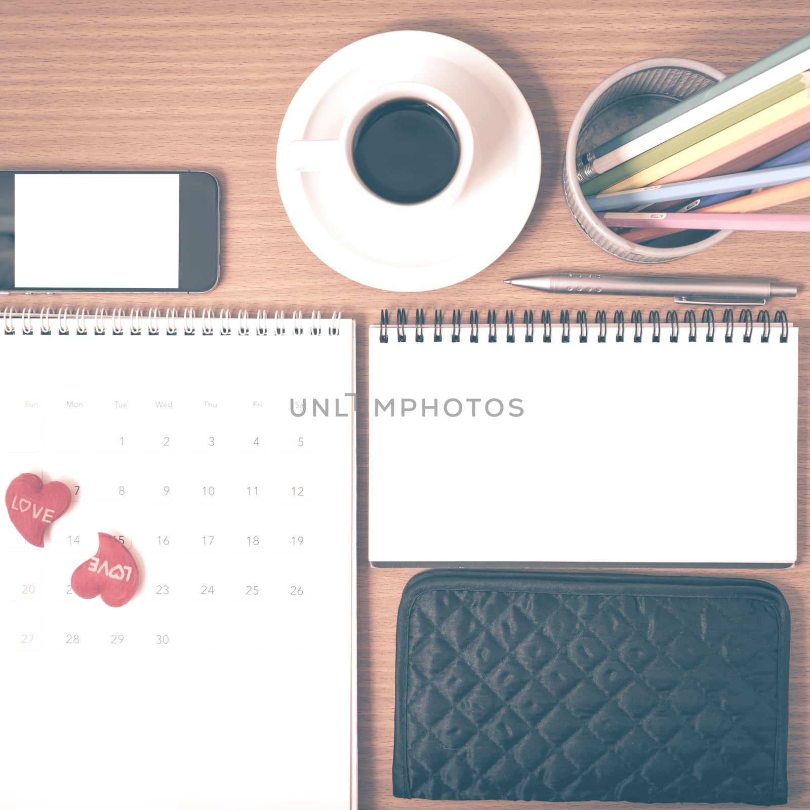 office desk : coffee with phone,wallet,calendar,heart,color penc by ammza12