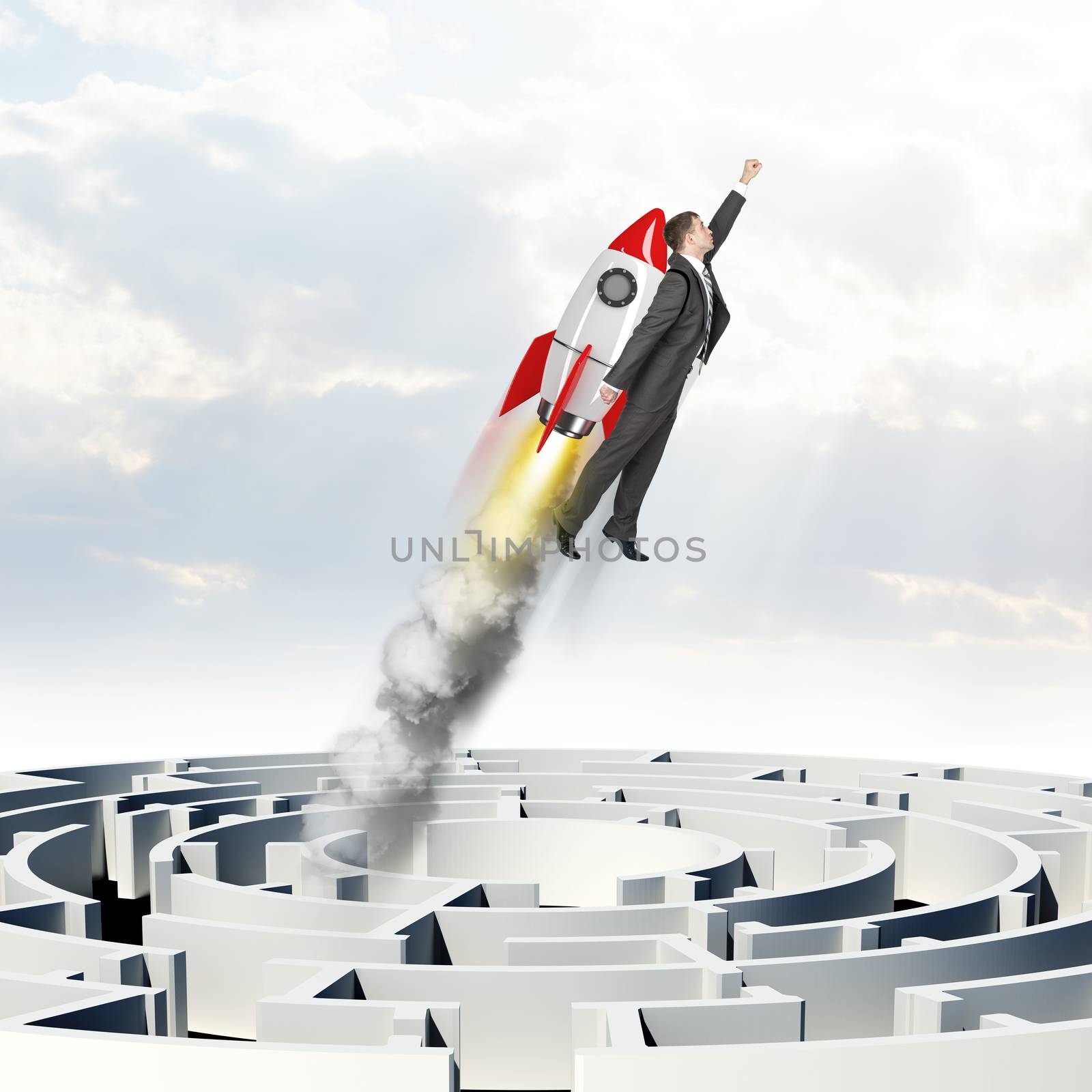 Businessman flying with rocket by cherezoff