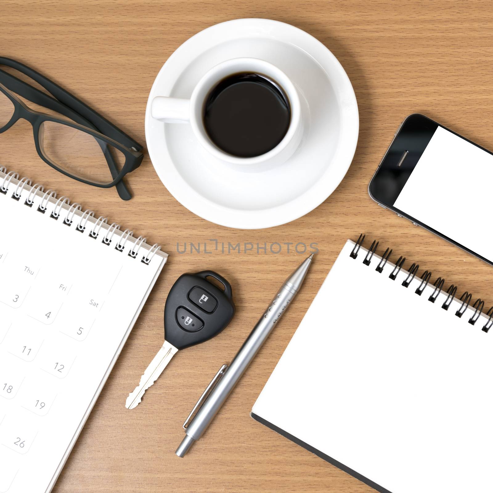 coffee and phone with car key,eyeglasses,notepad,calendar by ammza12