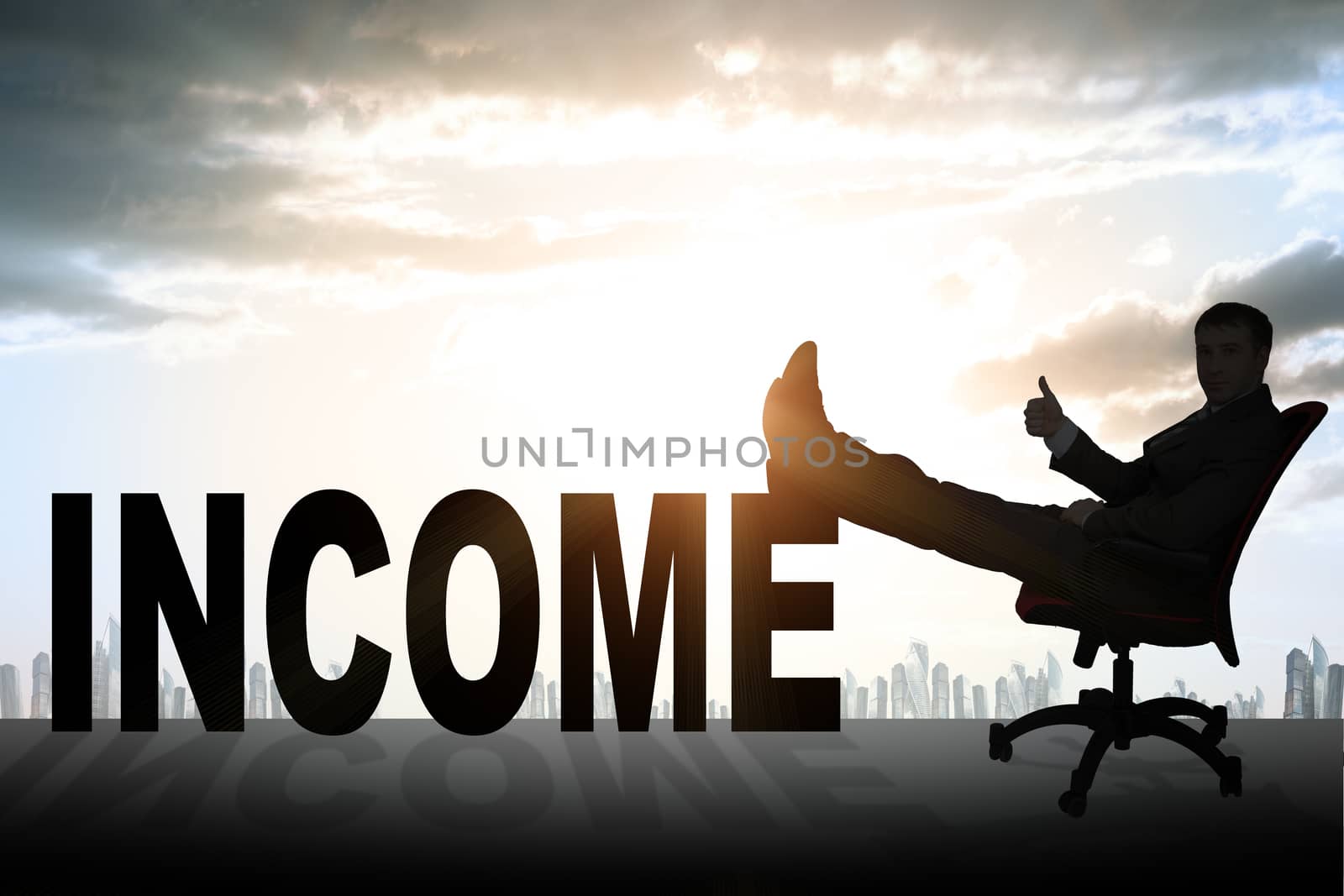 Businessman with word income on sunrise background