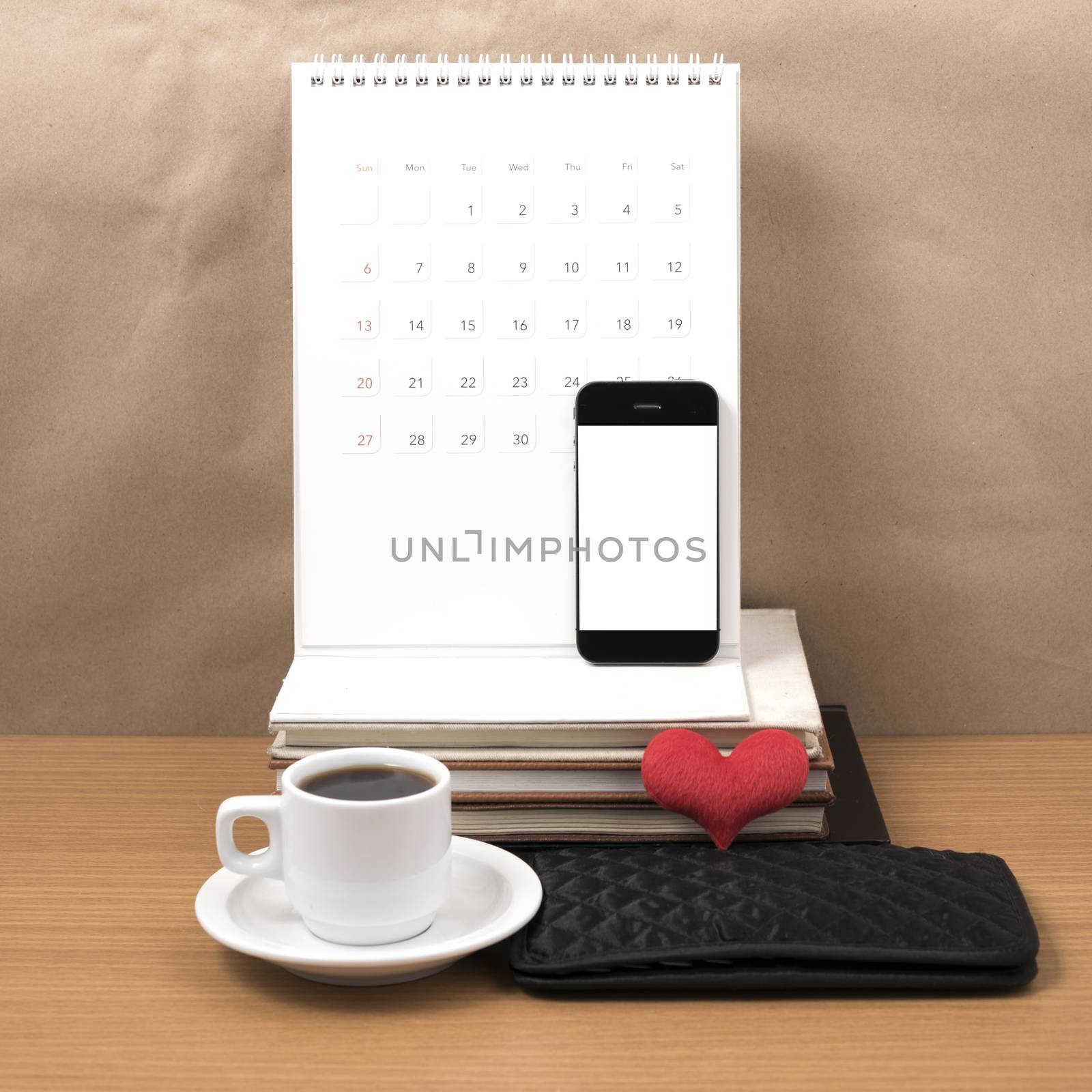 office desk : coffee with phone,wallet,calendar,heart,stack of b by ammza12
