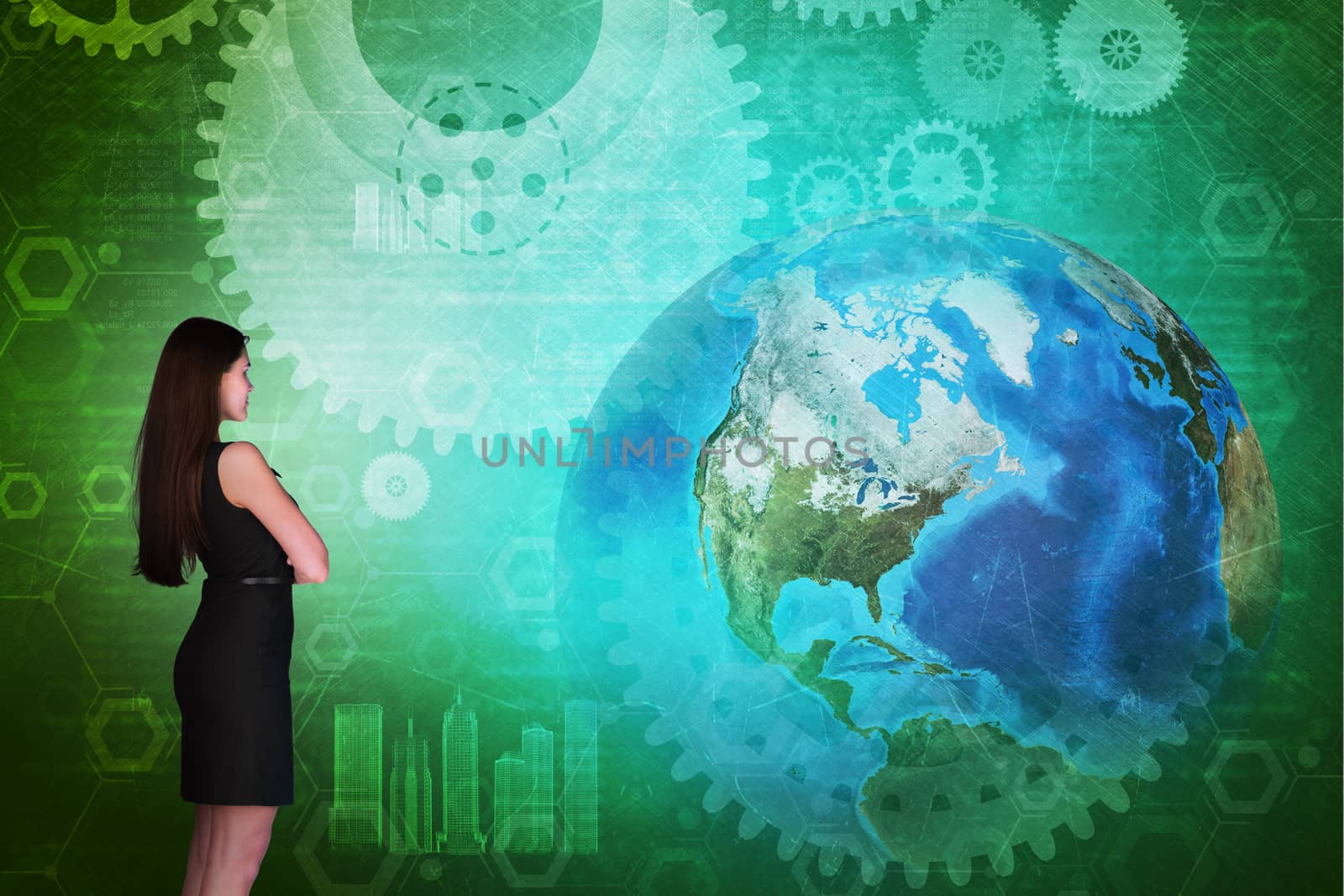 Business woman in front of holographic screen with earth globe and cog wheels. Elements of this image furnished by NASA