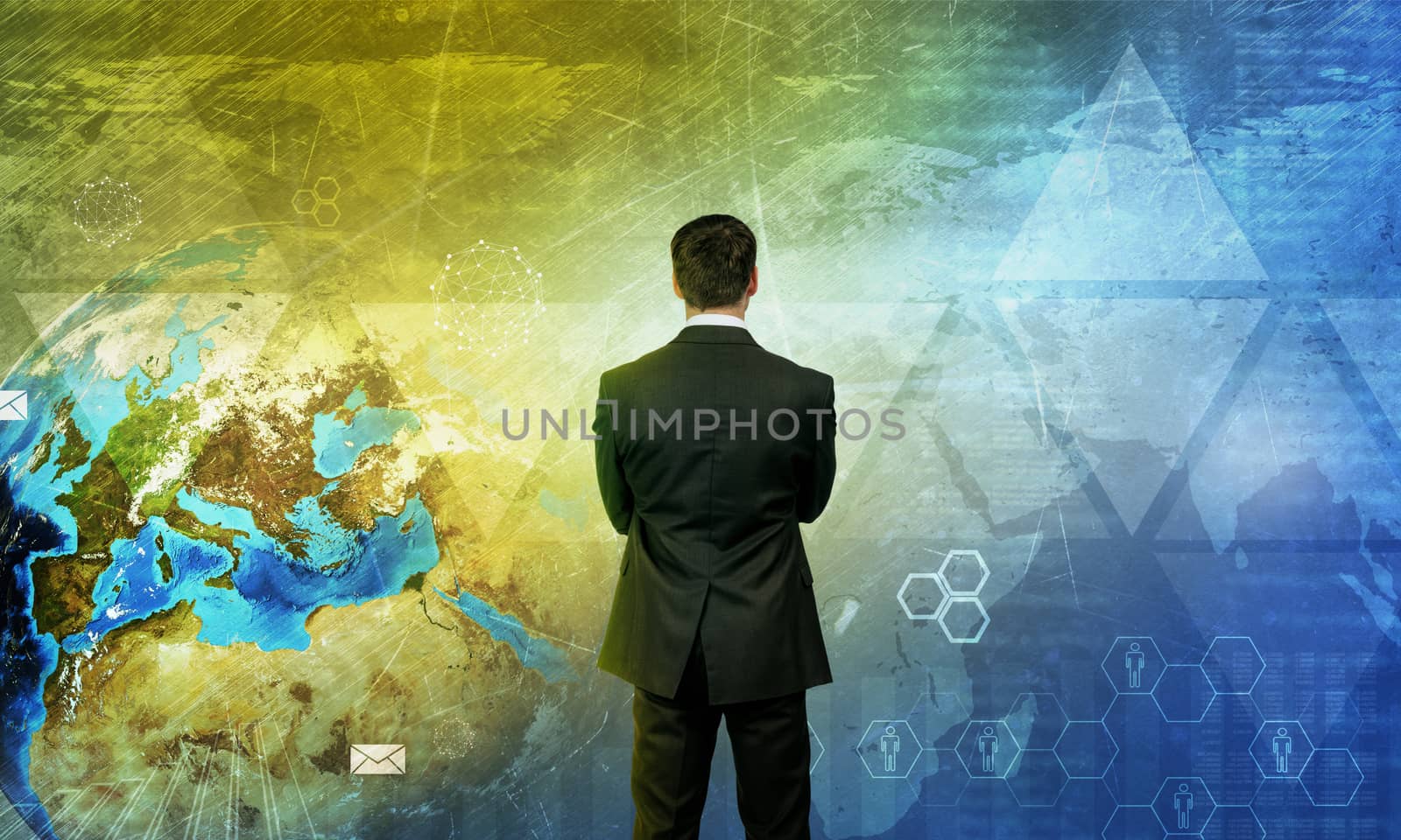 Businessman in front of holographic screen with earth globe and moleculea. Elements of this image furnished by NASA