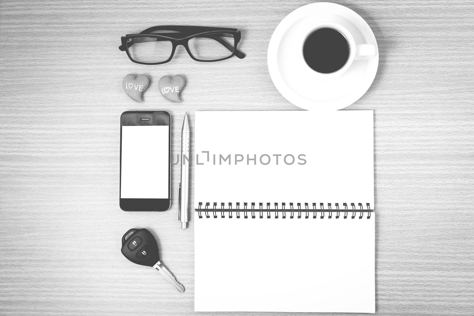 office desk : coffee and phone with car key,eyeglasses,notepad,h by ammza12