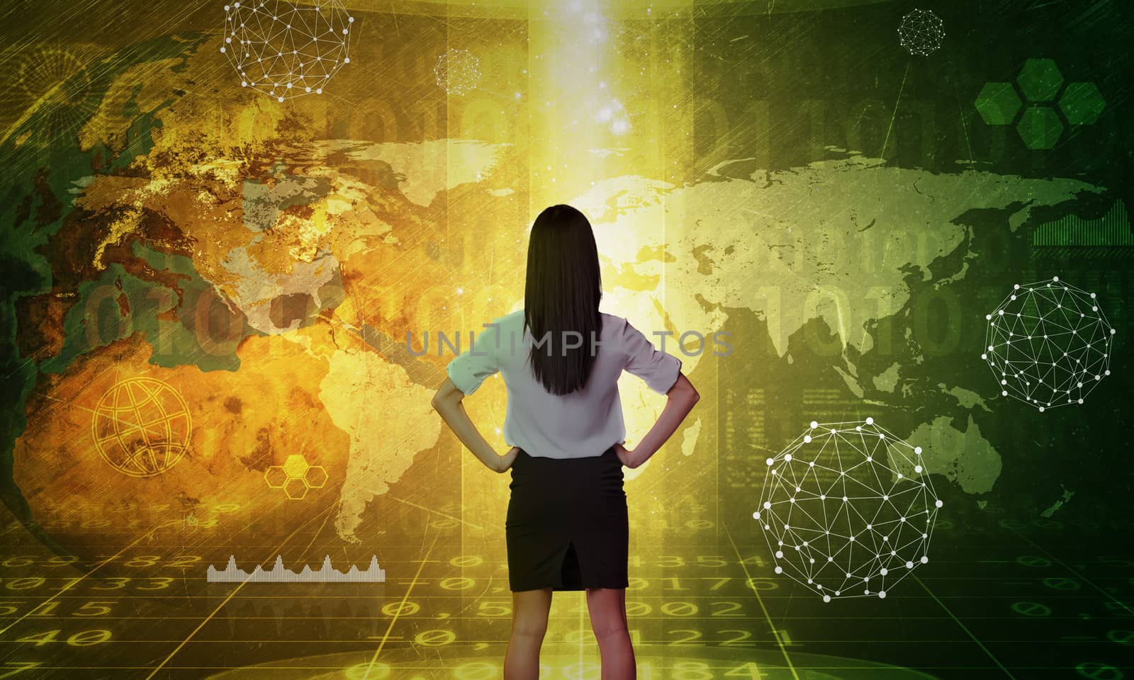 Business woman in front of holographic screen by cherezoff