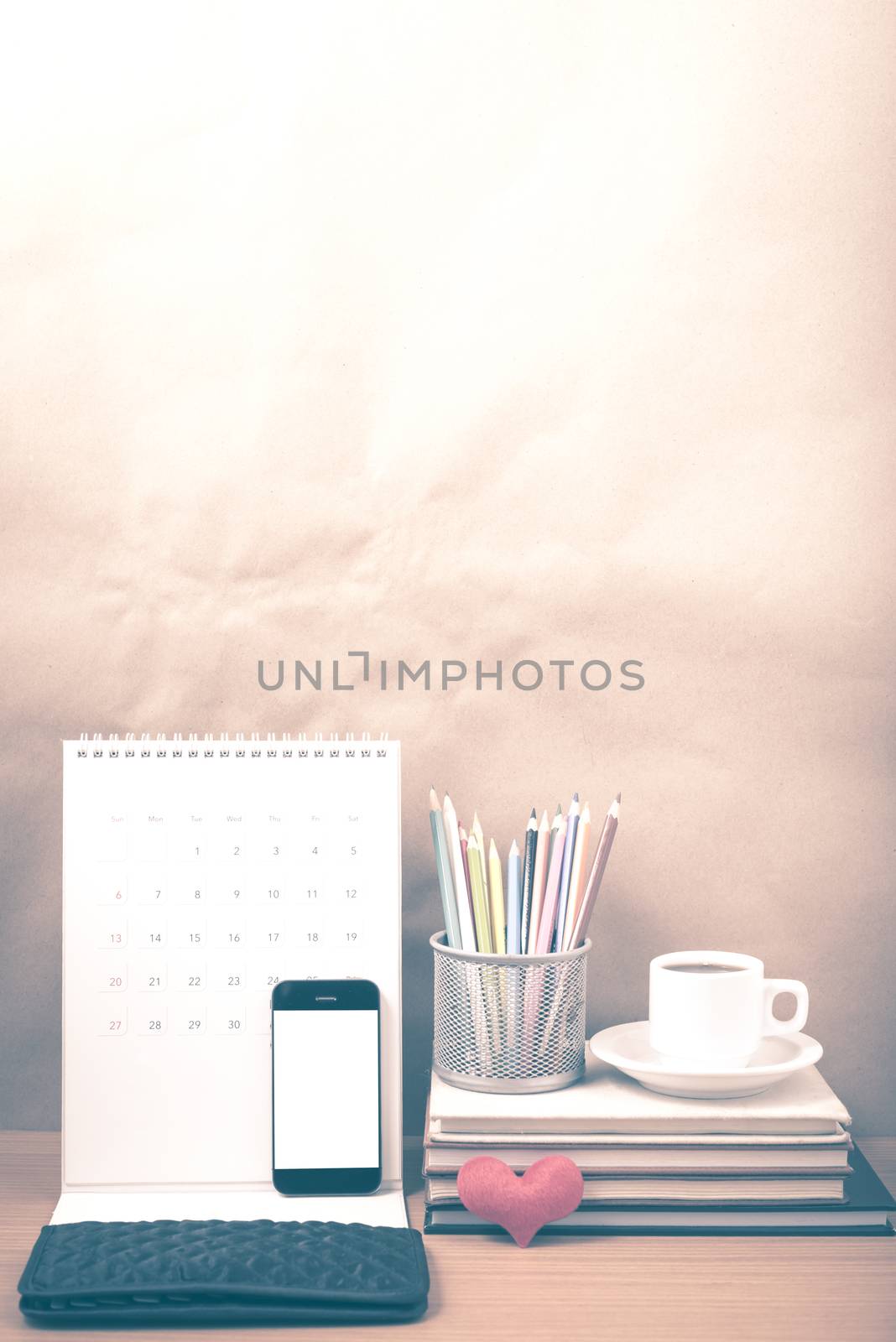 office desk : coffee with phone,wallet,calendar,heart,color penc by ammza12