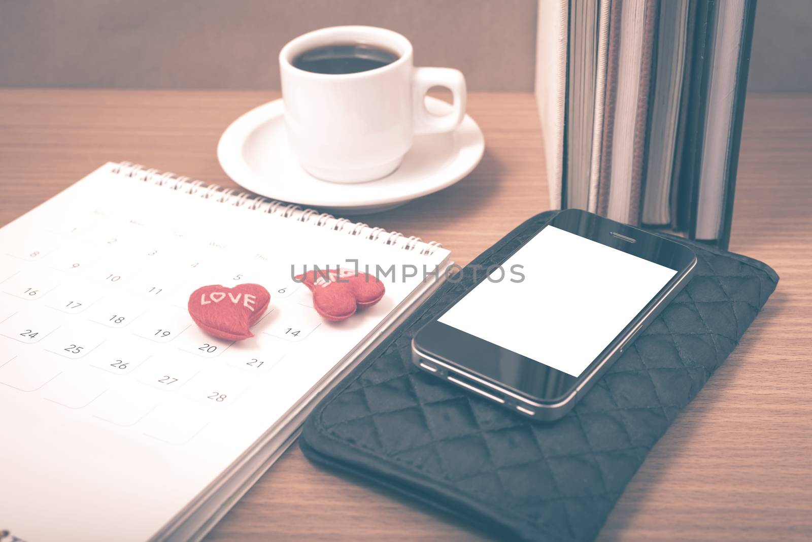 office desk : coffee with phone,wallet,calendar,heart,stack of b by ammza12