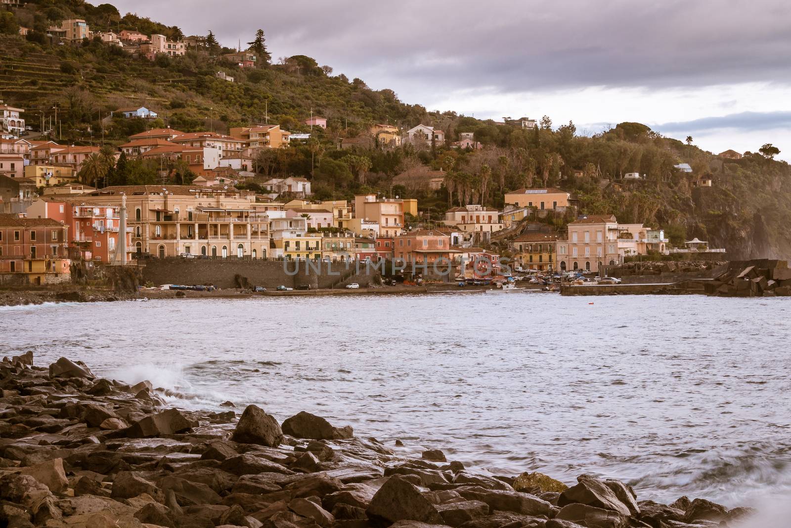 View of Sea port and houses at Acireale - Italy.