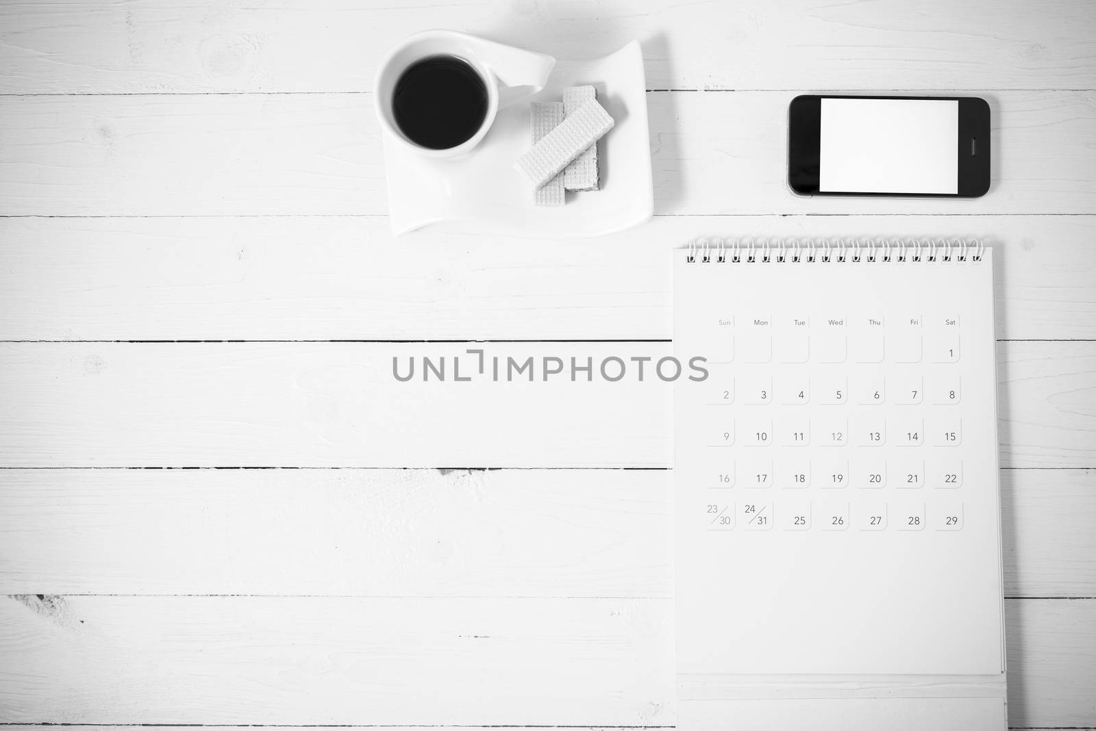 coffee cup with wafer,phone,calendar black and white color by ammza12