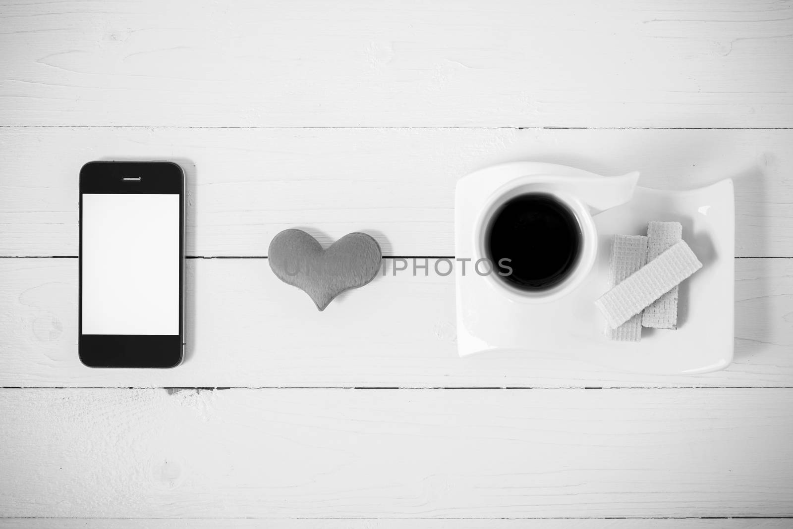 coffee cup with wafer,phone,heart black and white color by ammza12