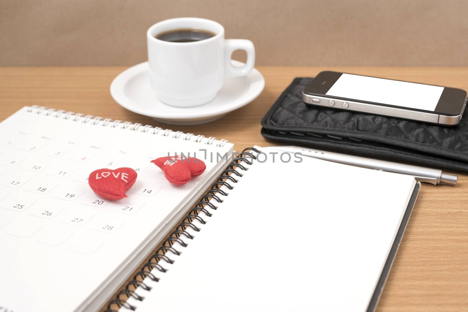 office desk : coffee with phone,wallet,calendar,heart,notepad by ammza12