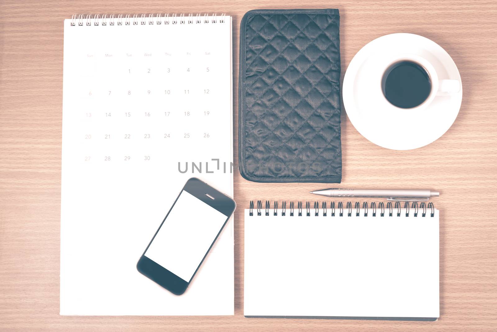 desktop : coffee with phone,notepad,wallet,calendar vintage styl by ammza12