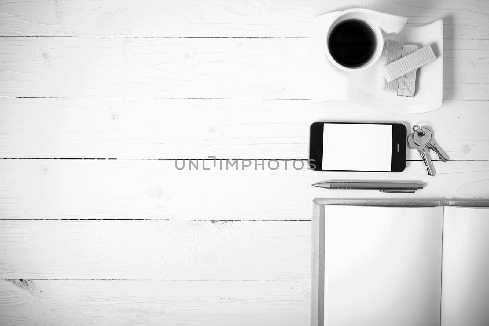 coffee cup with wafer,phone,key,notebook black and white color by ammza12