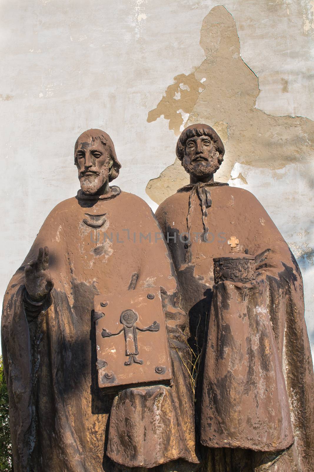 Statue of the missionaries Cyril and Methodius in the yard of the Church of Saint Cross in Devin, Bratislava, Slovakia.