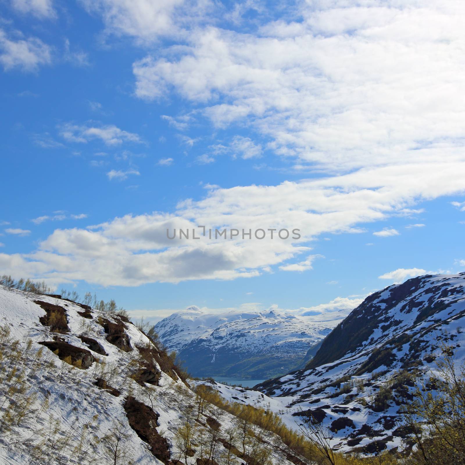 Spring Norway landscape with mountains and water of fjord