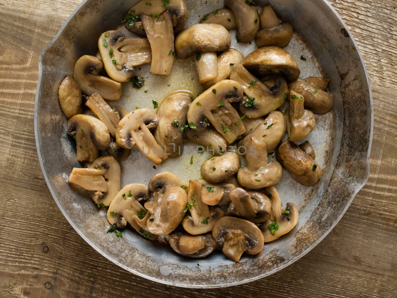 close up of rustic sauteed mushrooms
