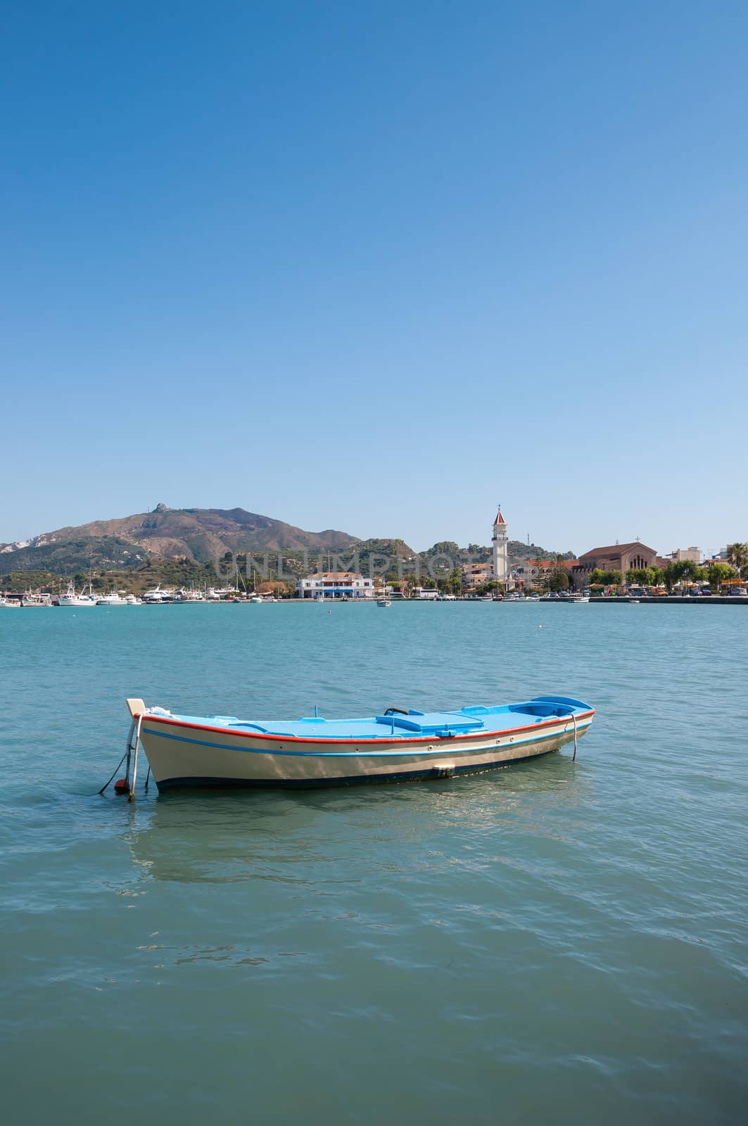 Boat moored in Zakynthos port, capital city of the island, Greece