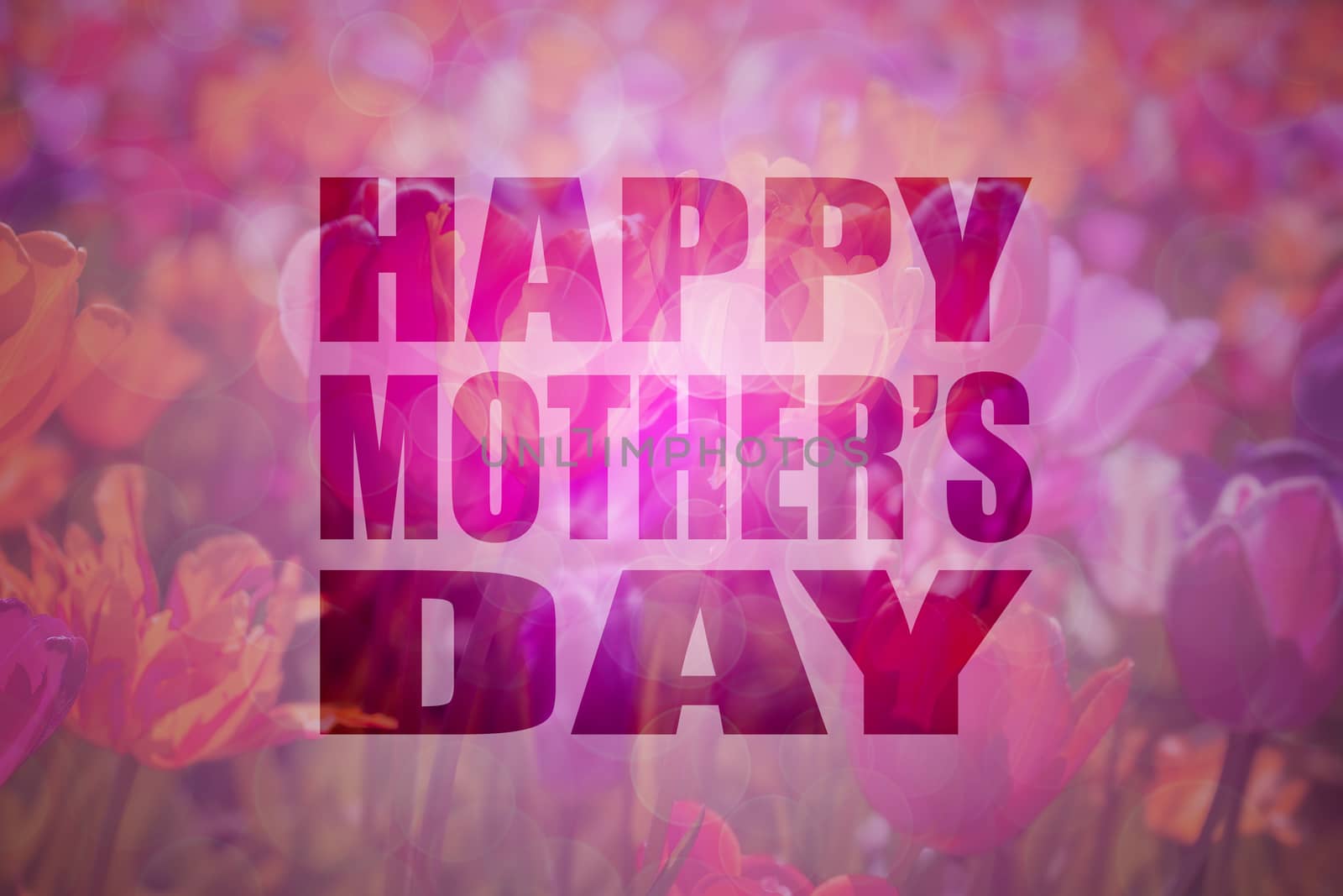 Happy Mothers Day Text with Polka Dot Heart on Tulip Flowers Bokeh Background Illustration