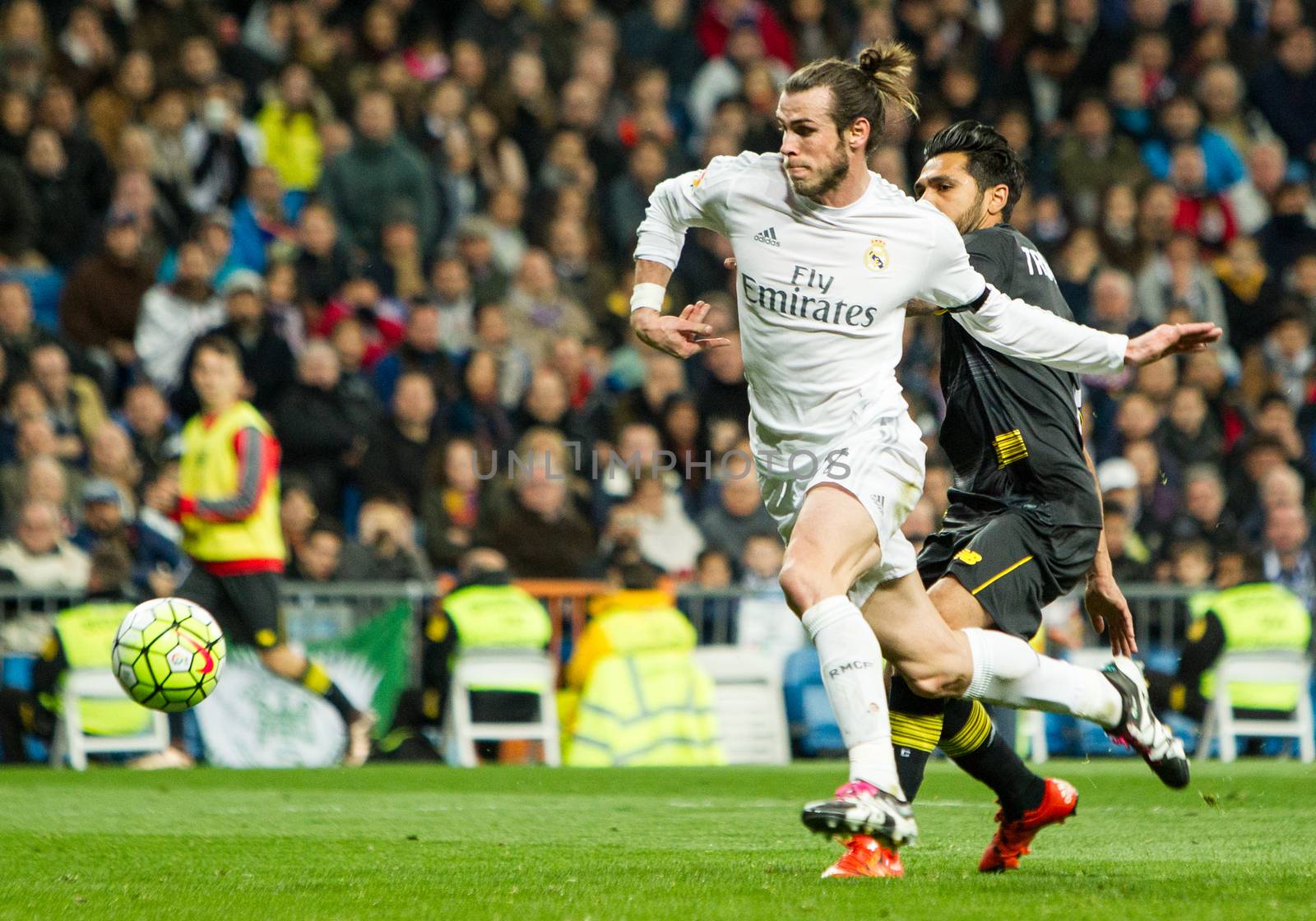 SPAIN, Madrid: Real Madrid's Welsh forward Gareth Bale in action during Spanish Liga football match Real Madrid vs Sevilla at Santiago Bernabeu stadium in Madrid on March 20, 2016.