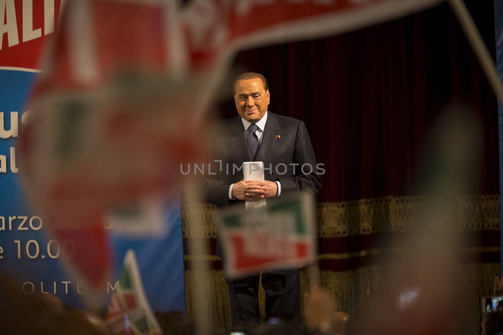 ITALY, Palermo: Former Italian Prime Minister Silvio Berlusconi waves his supporters during a meeting of his party Forza Italia, in Palermo, Sicily, on March 19, 2016. In June 2013, Berlusconi announced the refoundation of his first party Forza Italia.