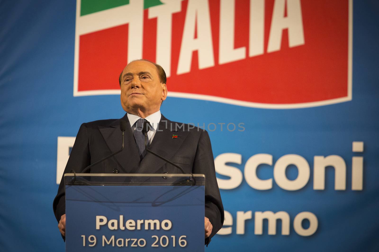 ITALY, Palermo: Former Italian Prime Minister Silvio Berlusconi waves his supporters during a meeting of his party Forza Italia, in Palermo, Sicily, on March 19, 2016. In June 2013, Berlusconi announced the refoundation of his first party Forza Italia.