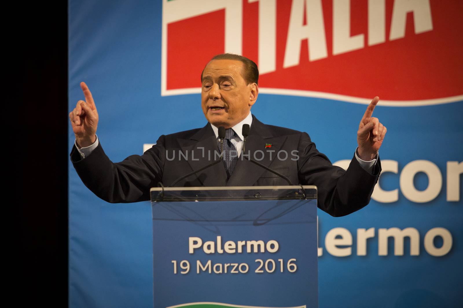 ITALY, Palermo: Former Italian Prime Minister Silvio Berlusconi waves his supporters during a meeting of his party Forza Italia, in Palermo, Sicily, on March 19, 2016. In June 2013, Berlusconi announced the refoundation of his first party Forza Italia.