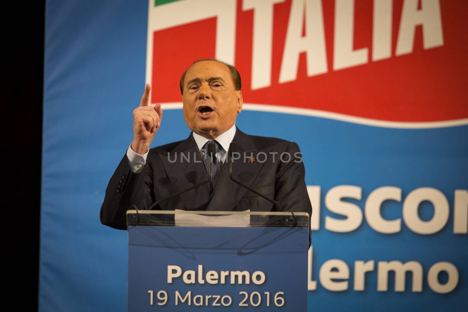ITALY, Palermo: Former Italian Prime Minister Silvio Berlusconi waves his supporters during a meeting of his party Forza Italia, in Palermo, Sicily, on March 19, 2016. In June 2013, Berlusconi announced the refoundation of his first party Forza Italia.