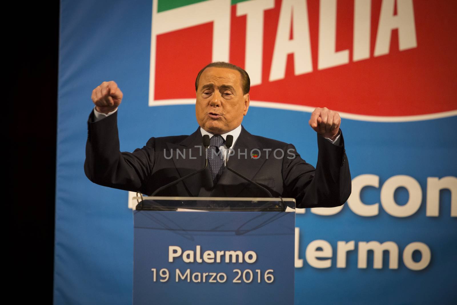 ITALY, Palermo: Former Italian Prime Minister Silvio Berlusconi waves his supporters during a meeting of his party Forza Italia, in Palermo, Sicily, on March 19, 2016. In June 2013, Berlusconi announced the refoundation of his first party Forza Italia.