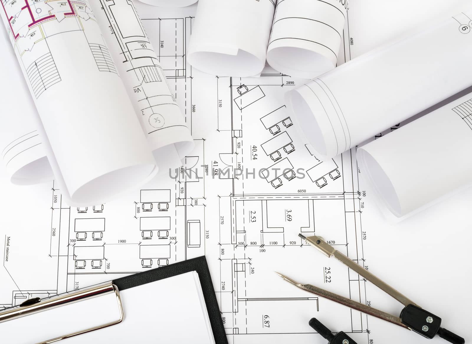 Architecture plan and rolls of blueprints by cherezoff