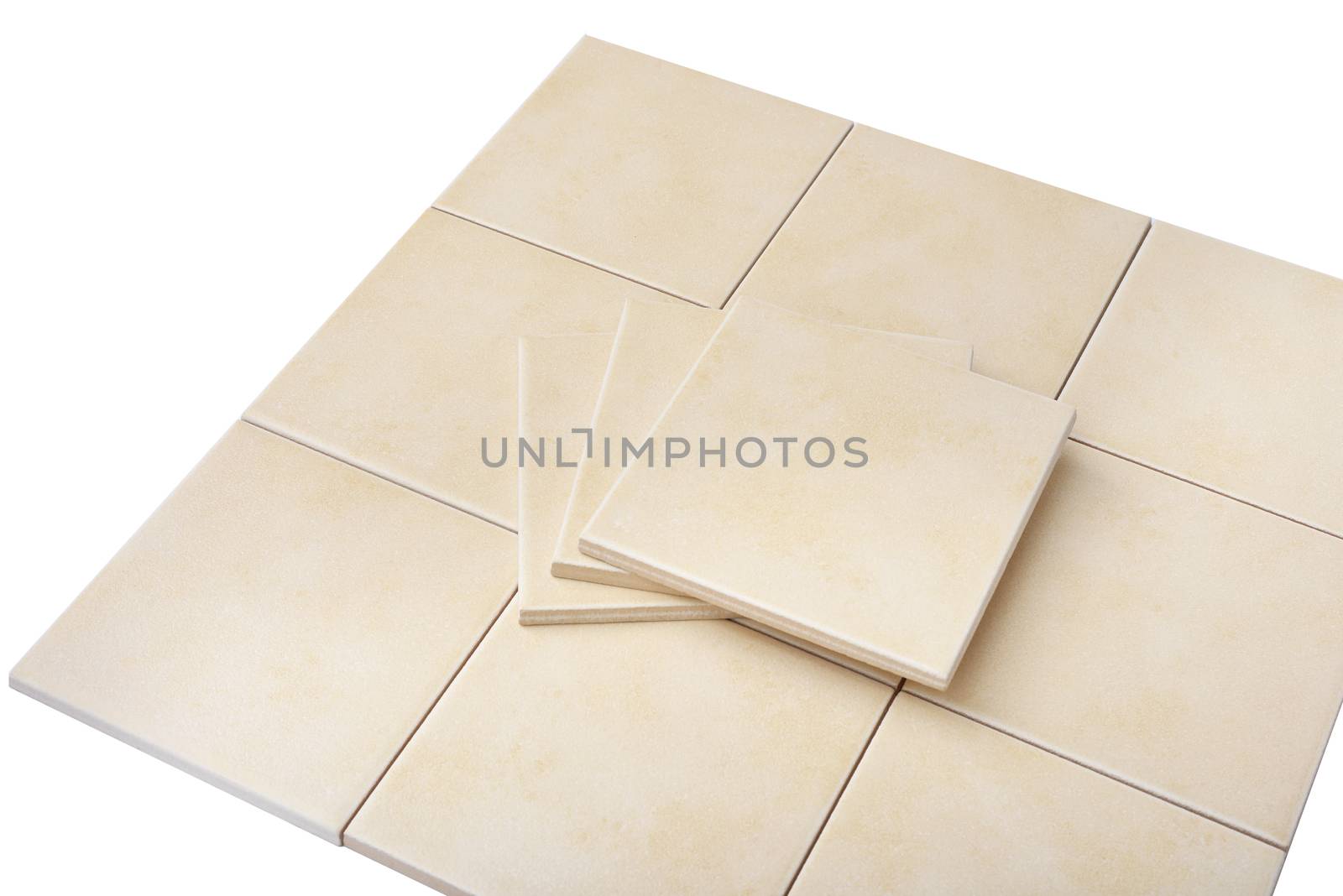 Set of tiles and tile wall isolated on white background, closeup
