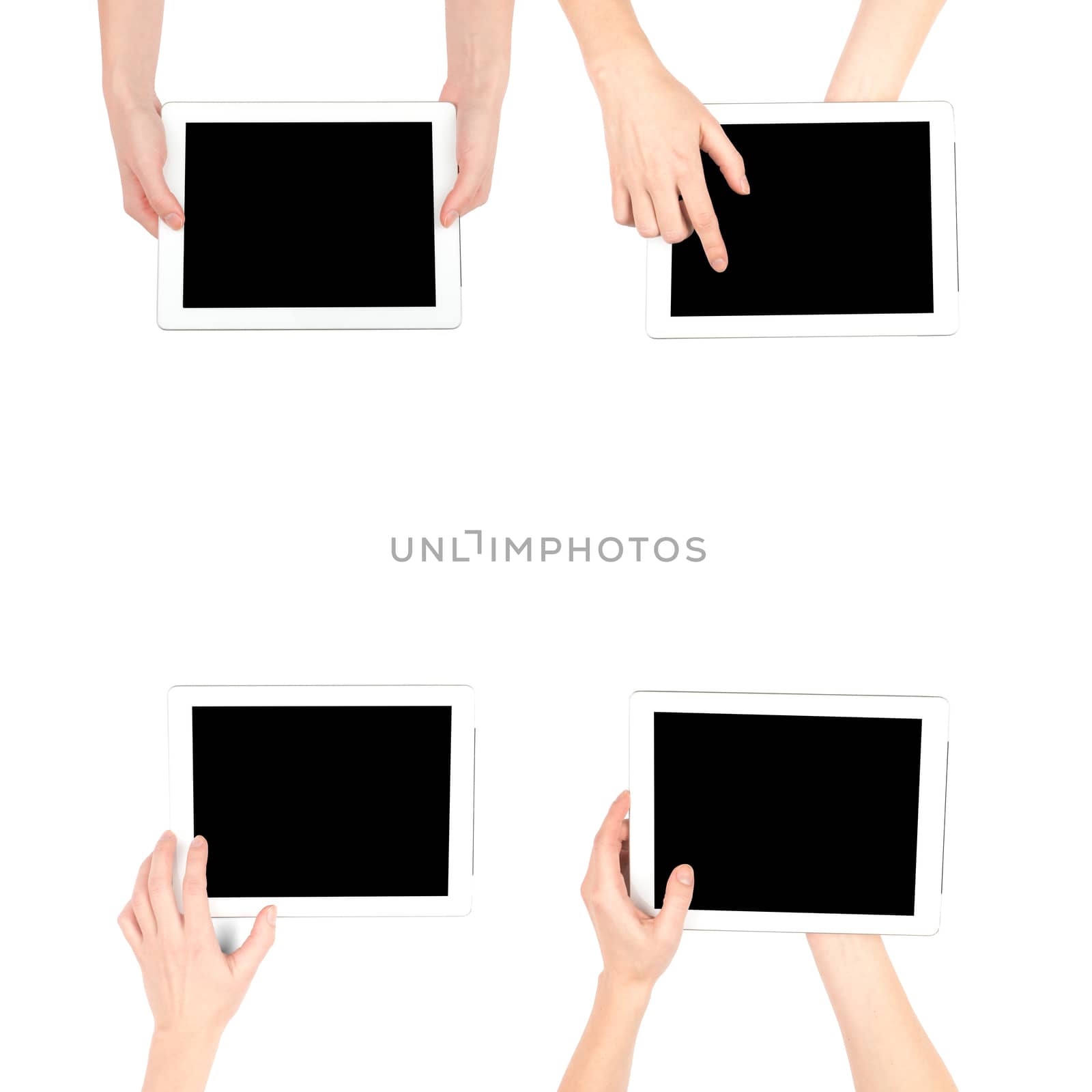 Set of human hands with tablet isolated on white background