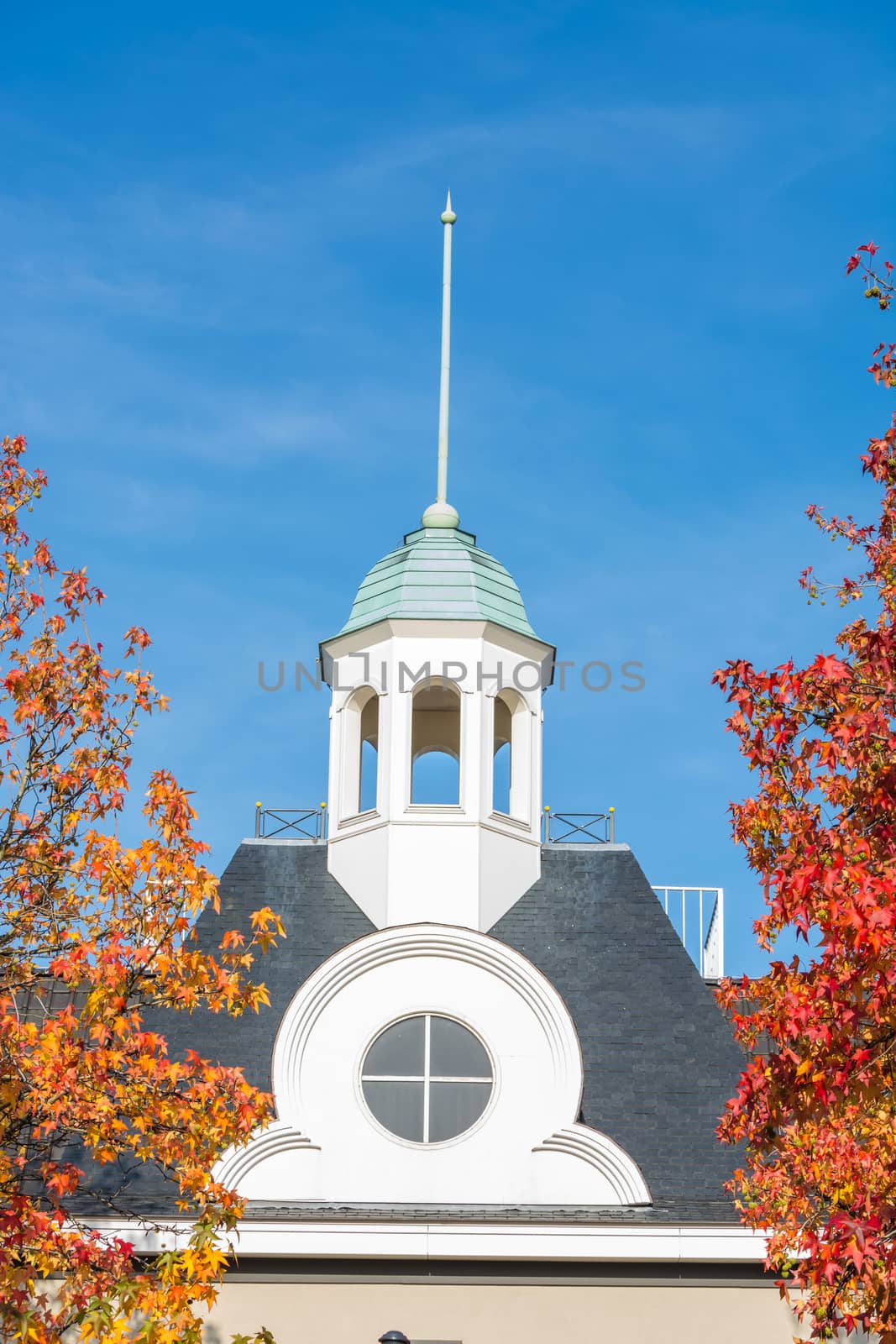 Spire right and left two trees with autumn leaves against blue sky.