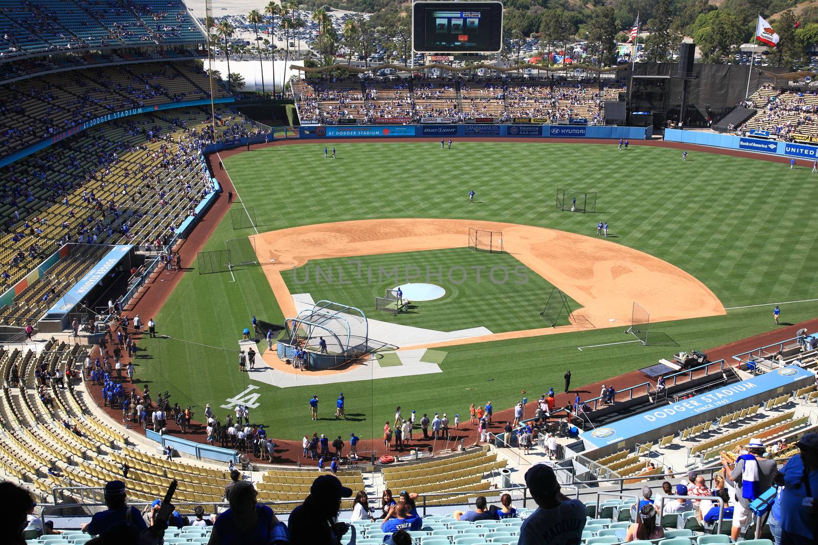 Batting practice before a Dodgers baseball game at Dodger Stadium.