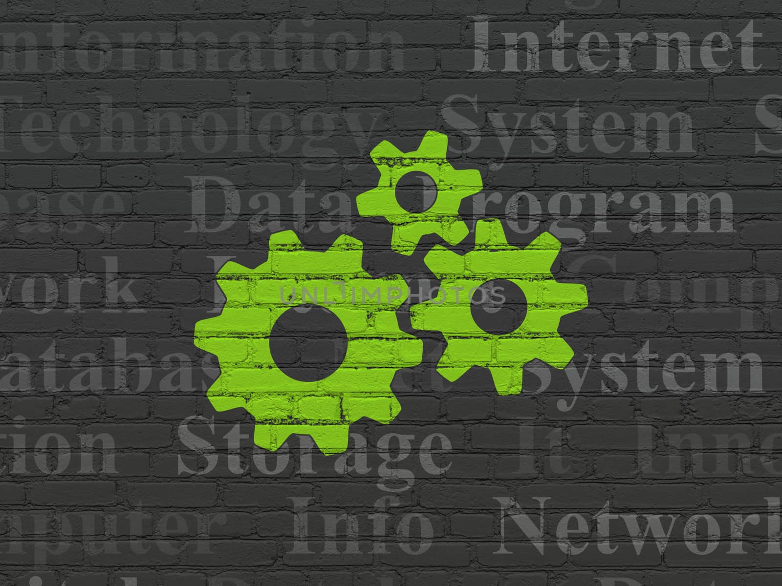 Data concept: Gears on wall background by maxkabakov