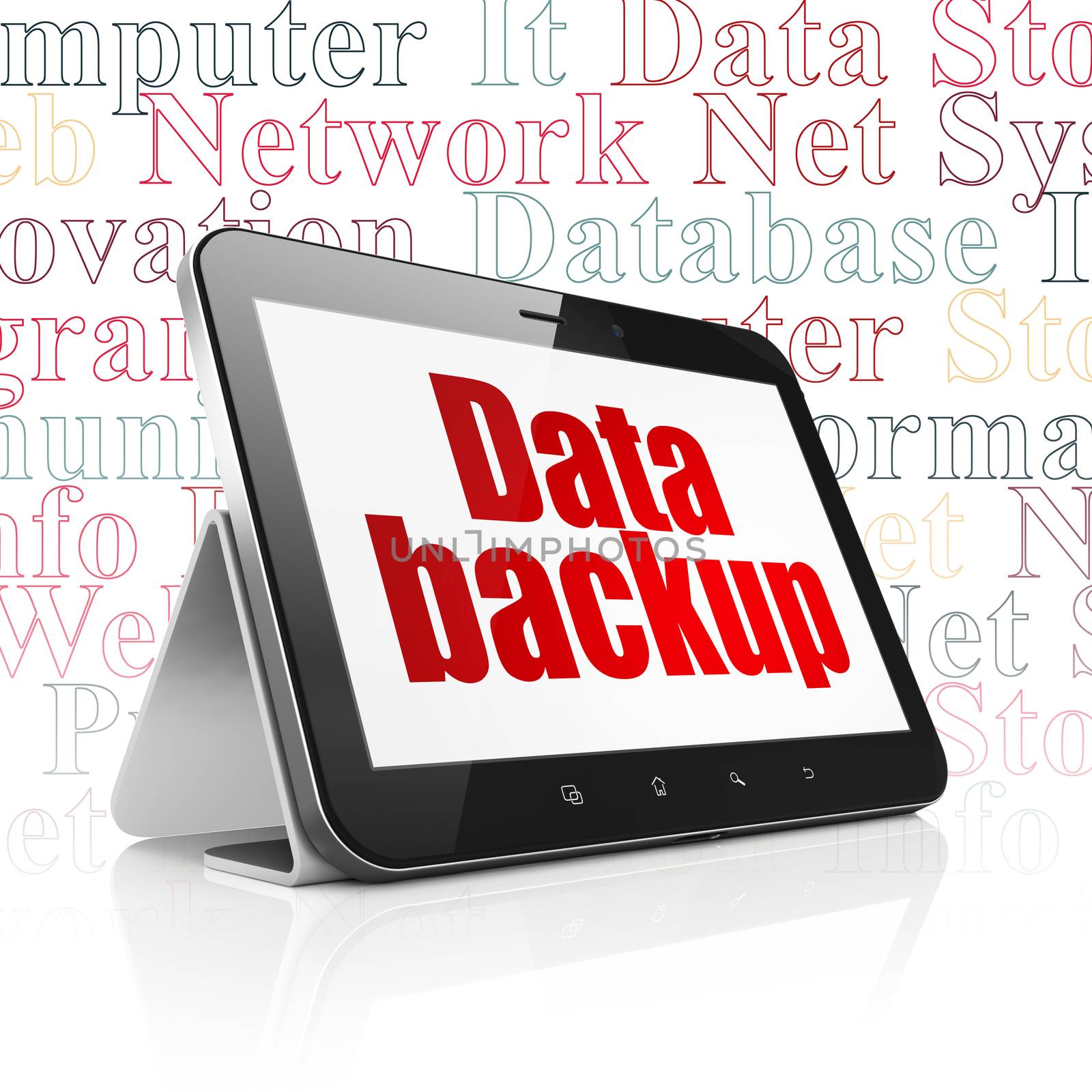 Information concept: Tablet Computer with  red text Data Backup on display,  Tag Cloud background