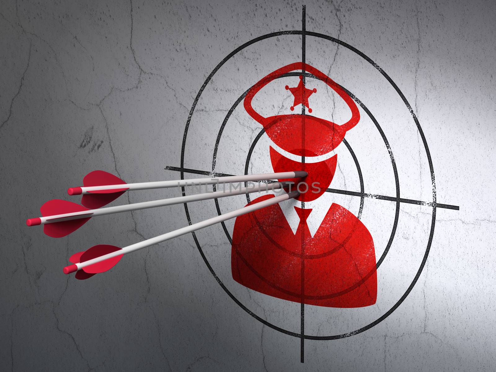 Success protection concept: arrows hitting the center of Red Police target on wall background