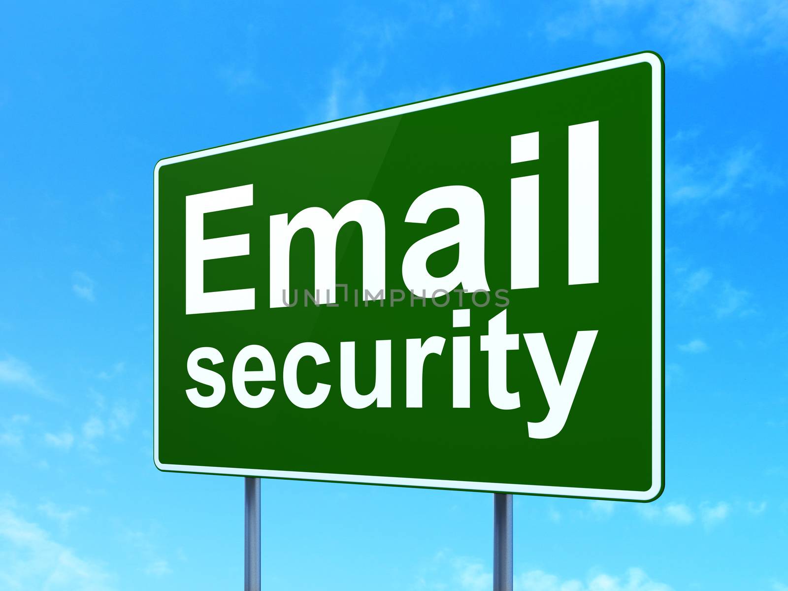 Safety concept: Email Security on green road highway sign, clear blue sky background, 3d render