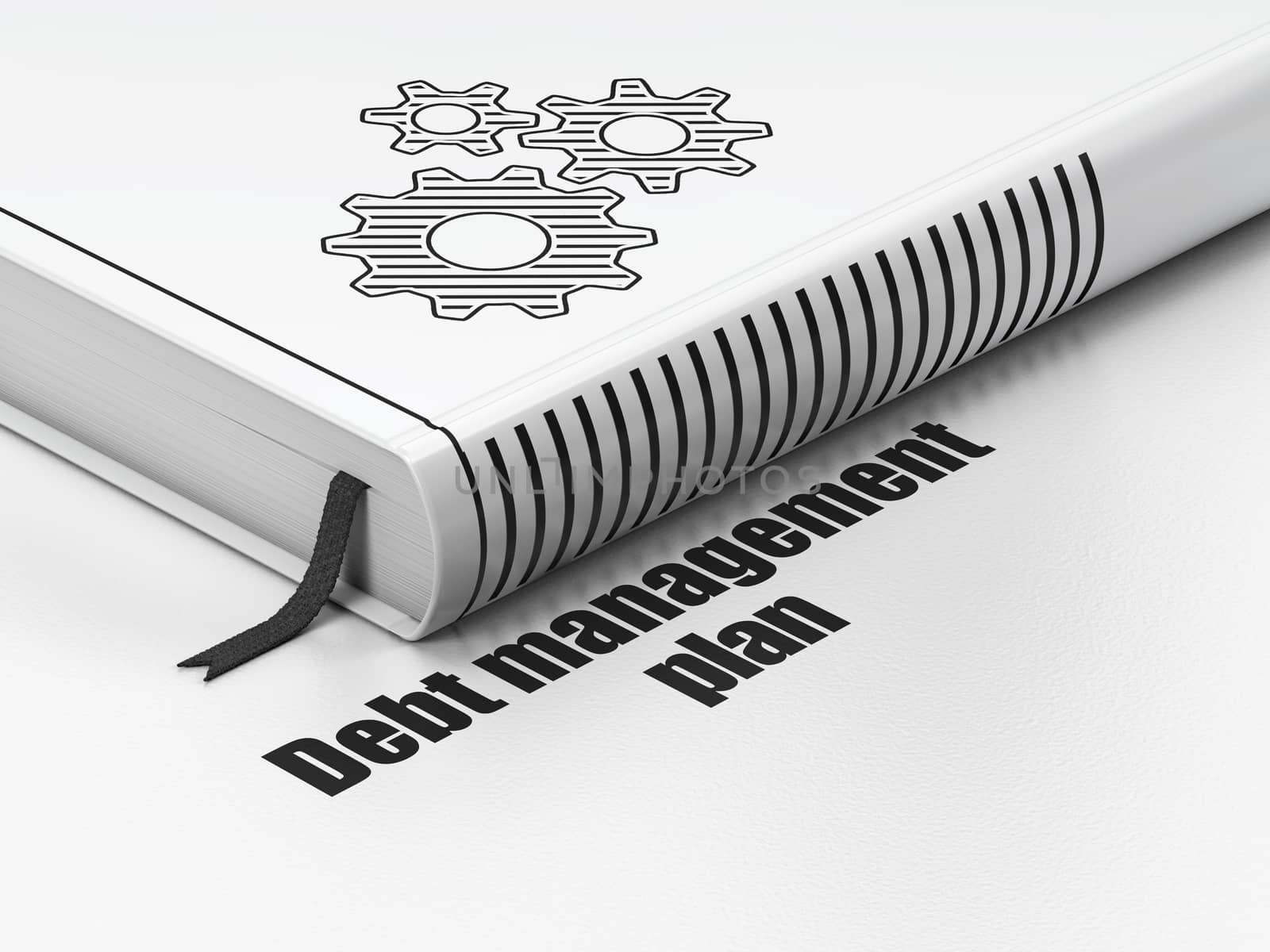 Business concept: closed book with Black Gears icon and text Debt Management Plan on floor, white background, 3d render