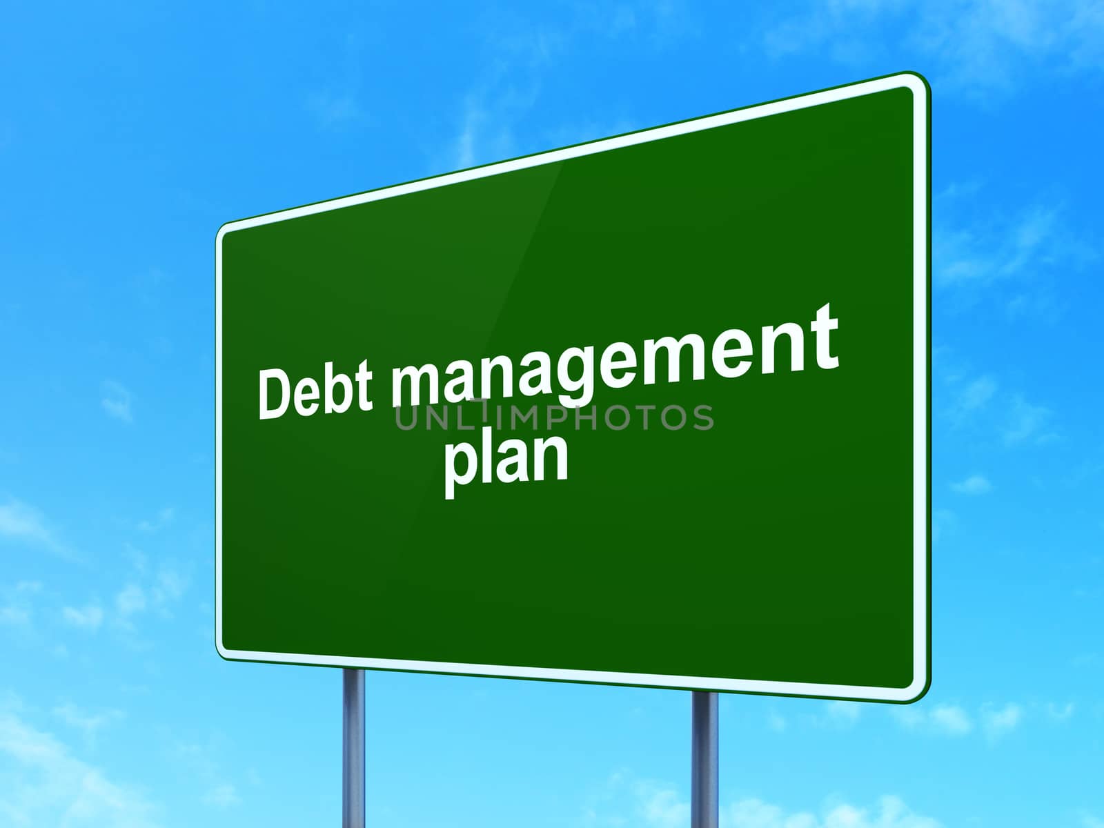 Finance concept: Debt Management Plan on green road highway sign, clear blue sky background, 3d render