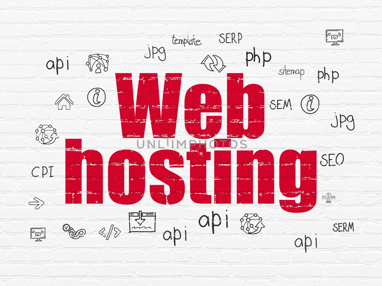 Web development concept: Painted red text Web Hosting on White Brick wall background with  Hand Drawn Site Development Icons