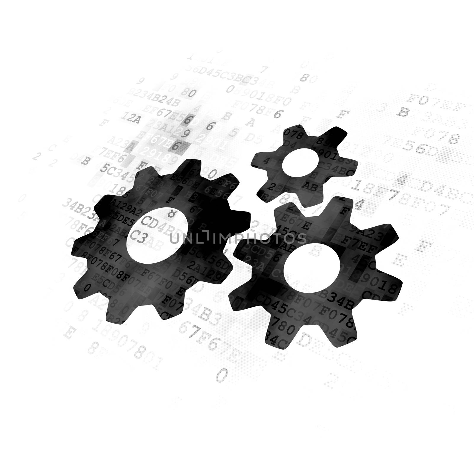 Web development concept: Pixelated black Gears icon on Digital background